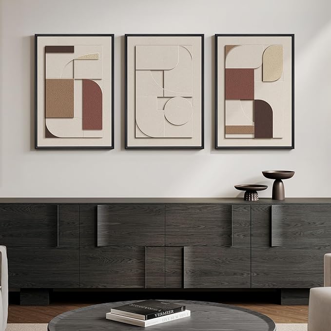 3D Textured Framed Neutral Wall Art, Brown Tan Beige Geometric Texture Artwork for Walls, 3 Piece Minimalist Modern Sandstone Art Painting for Living Room Hallway Office Kitchen Wall Decor, 16x24 Inch