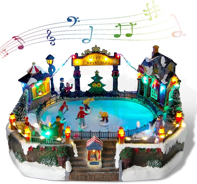 Christmas Village House Figurines Christmas Decor Estatua de la cabaña del Pueblo navideño Christmas Home Decoration Snow Globe Display Skating Pond Animated Multicolor Lighted with 8 Music X-Large