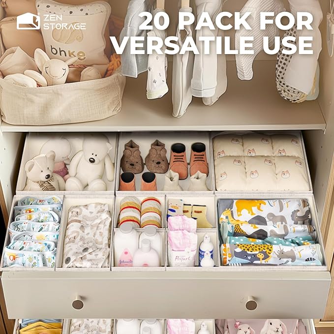 Cotton Linen Drawer Organizers for Baby Clothes, 20Pack Multi-Size Nursery Dresser Dividers for Clothes, Premium Foldable Storage Bins for Bedroom, Closet and Diaper Table, Beige