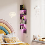 Qupui 5-Tier Tall Corner Shelf with LED Lights, 57 Inch Floating Wall Mounted Corner Shelf for Bedroom Living Room Bathroom, Black Bookshelf Display Stand with RGB Lighting