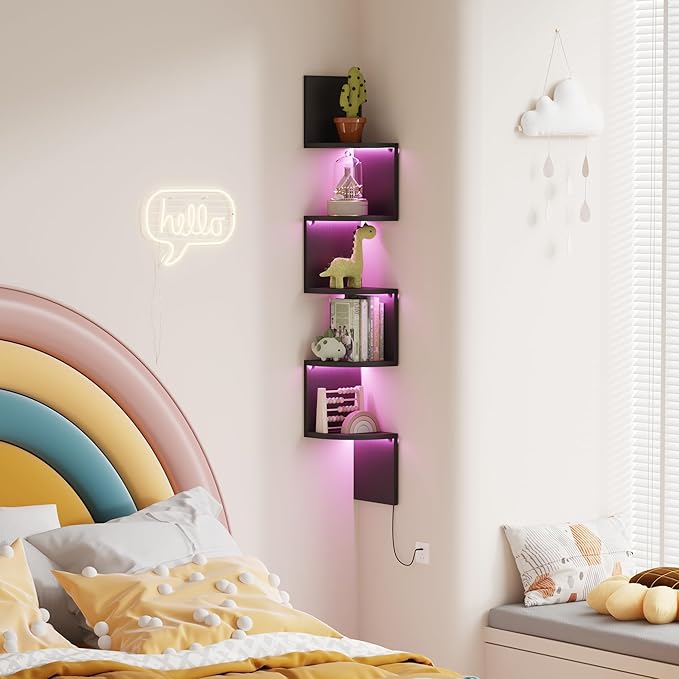 Qupui 5-Tier Corner Shelf with LED Lights, 49 Inch Floating Wall Mounted Corner Shelf for Bedroom Living Room Bathroom, Black Corner Bookshelf Display Stand with RGB Lighting