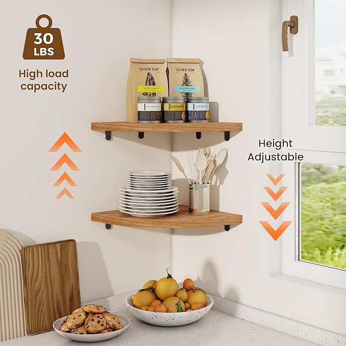 Fun Memories Corner Shelf Wall Mount Set of 2 - Solid Oak Wood Floating Corner Shelf with Cable Hole, 10in Rustic Design for Bedroom, Living Room, Kitchen (Natural)