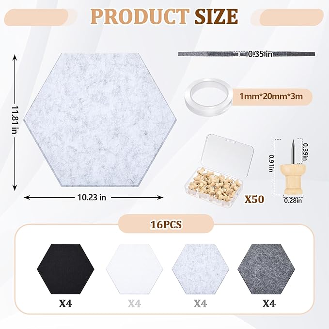 Mindsoft 16 Pcs Hexagon Cork Board for Walls with 50 Wooden Push Pins 12x10 in Felt DIY Tiles Notice with Nano Tape Hanging Bulletin Board for Home Photo Office Memo Note(Grey)