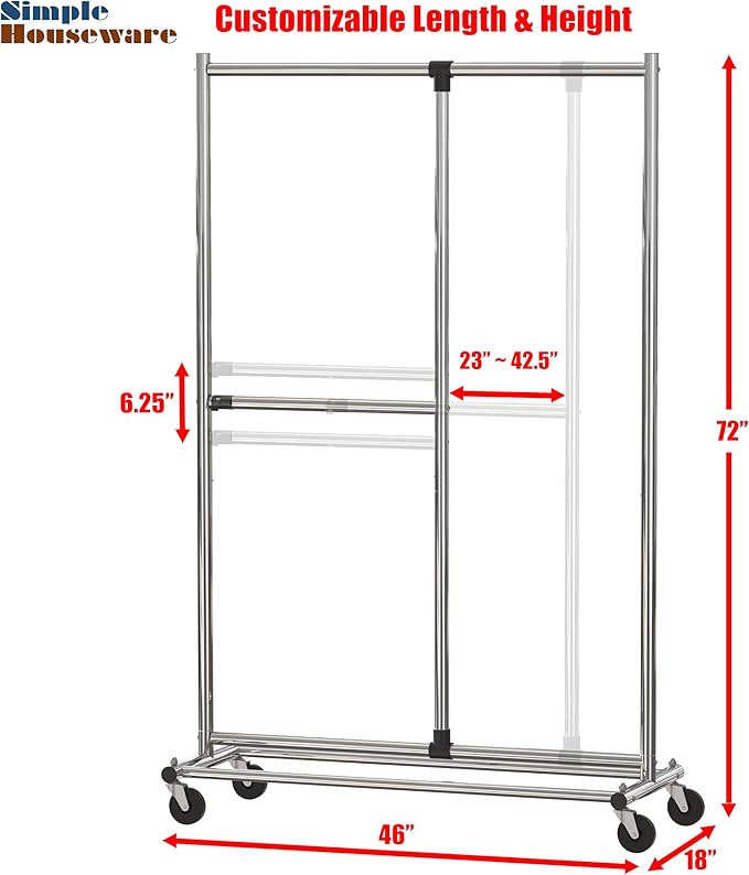 Simple Houseware Dual Bar Adjustable Garment Rack, Chrome, 72-inch Height