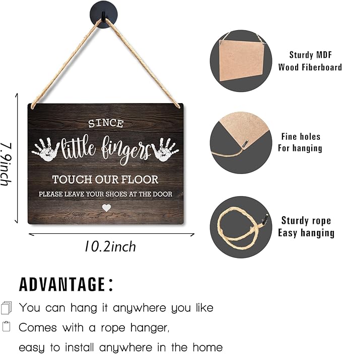 Wall Pediments Shoes Off Sign,Shoes Off Sign for Front Door,Since Little Fingers Touch Our Floor Door Sign,Shoes Off Hanging Welcome Sign for Front Door,6x12 Inches，Wood Grain-3