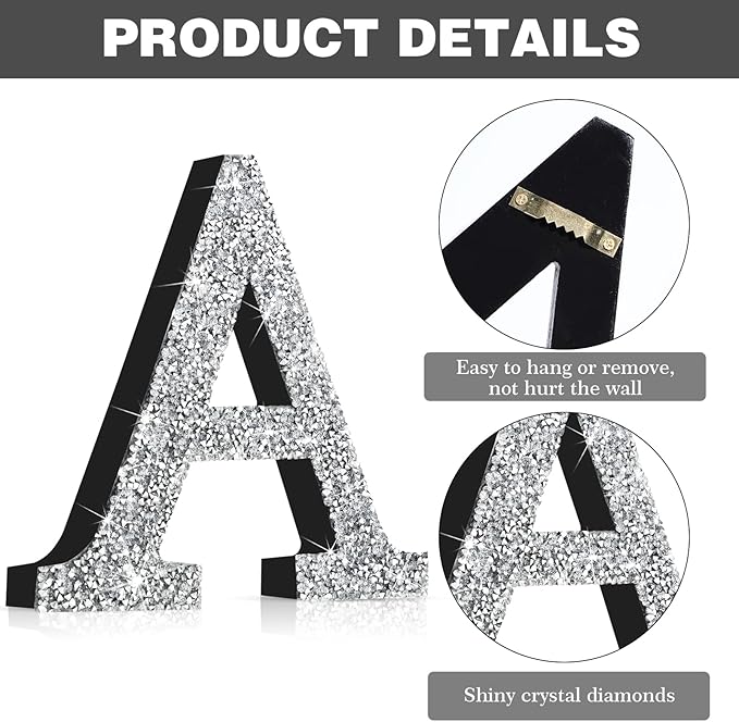 Qunclay 8'' Silver Crystal Diamond Bling Letters Crushed Diamond Decoration Wooden Glitter Letter with Screw and Hooks Rhinestone Gift for Wedding Y2k Mcbling Bedroom Wall Decor (Letter A)