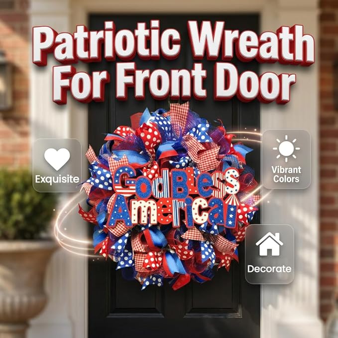 Patriotic Wreaths for Front Door, 250 Anniversary Decorations 4th of July Decorations Outdoor, Handcrafted Memorial Day Wreaths, Festival Celebration USA Flag Printed Wreath (E)