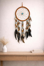 OMA Large Dream Catcher – Brown Suede with Turquoise Stones and Feathers, Traditional Dreamcatcher for Bedroom, Living Room, Dorms & Gift, Size - 28” x 9”