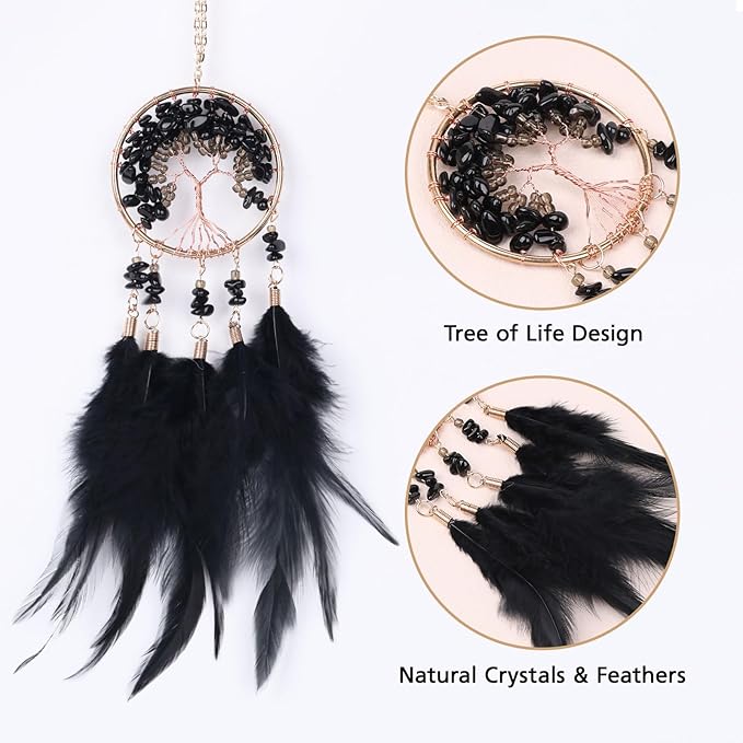 Pretty Jolly Small Tree of Life Crystal Stone Dream Catchers Black Feathers Mini Dreamcatchers for Cars Rear View Mirror Hanging Decoration Good Luck Travel Charm Bedroom Ornaments for Women Girls