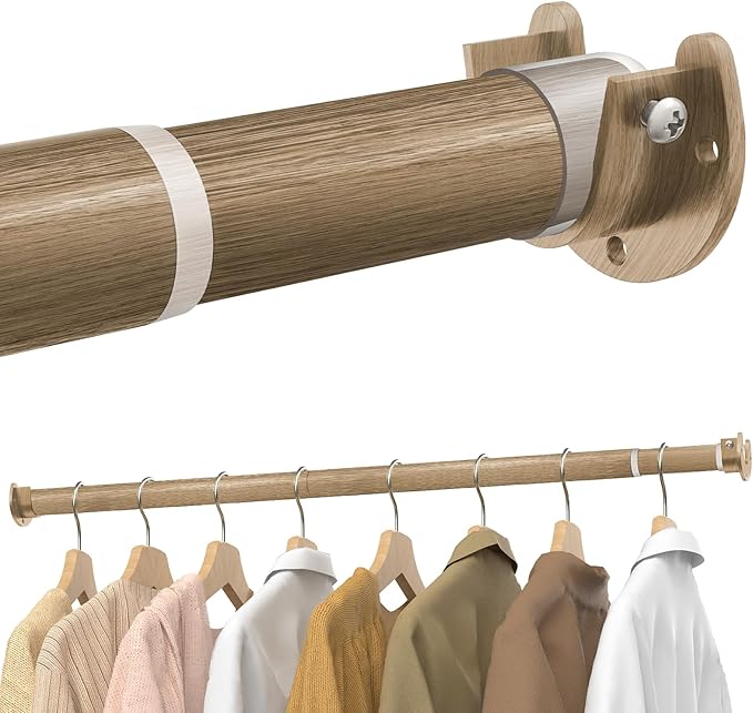 Closet Rods for Hanging Clothes, 17 to 99 Inches Stepless Adjustable Metal Closet Rod, 1.3 Inches Heavy Duty Clothes Hanging Rod for Closet Wardrobes Laundry RV(Wood Grain)