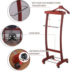 Wooden Suit Valet Stand, with Wheels mobile Floor Standing Suit Coat Stand With Contour Hanger Trouser Bar And Top Storage Tray, Freestanding Valet Stand for Men Women Office Living Room Wine red