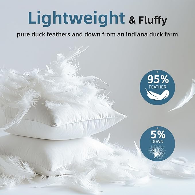 YSTHER Down Feather Throw Pillow Inserts 20x20 Set of 2 Firm Large Lumbar Pillows for Bed Decorative Couch Soft Pillows for Sleeping Indoor White Cotton Pillow Sofa