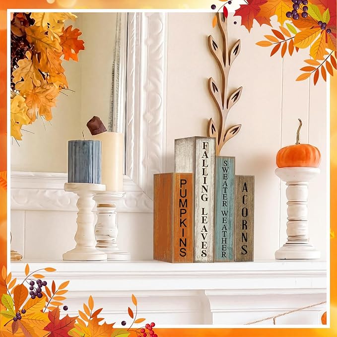 Lineshading 4 Pcs Fall Decoration Wooden Book Autumn Table Decoration Pumpkin Falling Leaves Acorns Tiered Tray Decor Wood Book Sign Farmhouse for Autumn Home Shelf Coffee Table