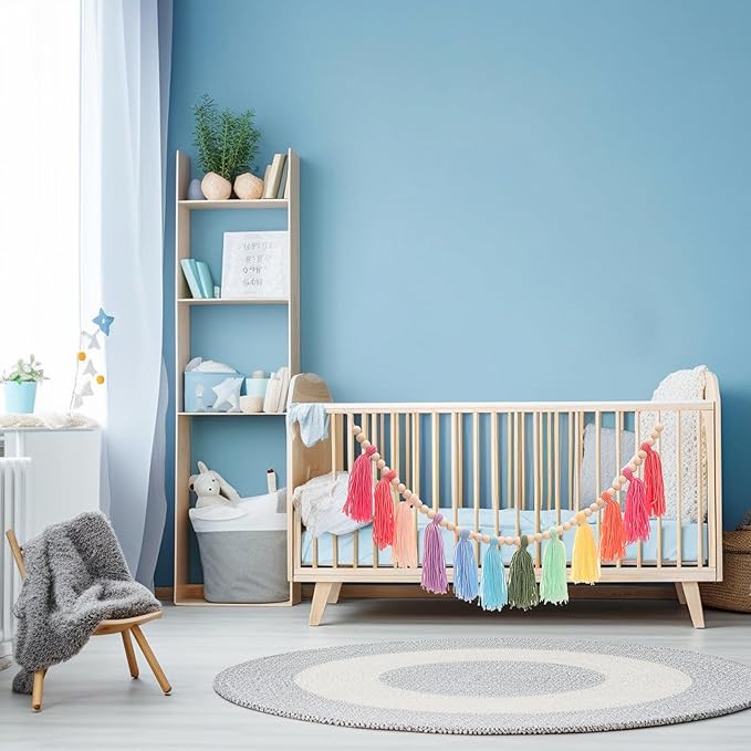 Colorful Tassel Garland Yarn Bunting Banner with Wood Bead for Kids Nursery Room Bedroom Wall Hanging Decor Birthday Party Baby Shower Wedding Decor