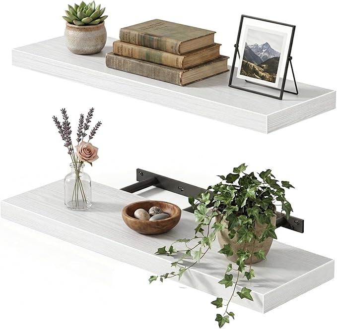 Fixwal White Shelves, 22" Long Floating Shelves for Living Room, Bedroom, Bathroom and Kitchen, Wall Mounted Shelves for Storage, Books, Room Decor Set of 2
