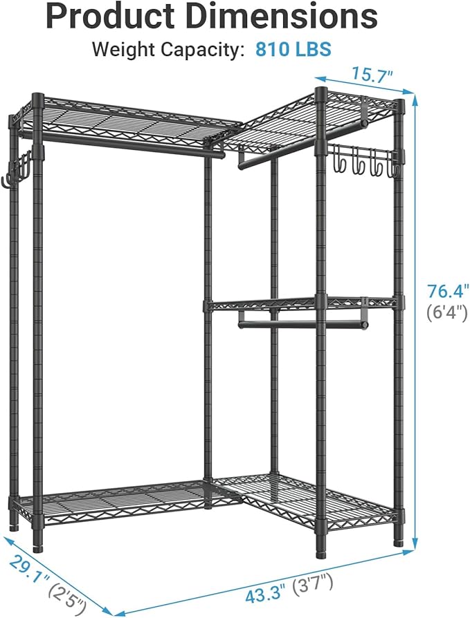 VIPEK L4 Garment Rack L Shaped Clothes Rack for Corner, Freestanding Portable Wardrobe Closet Heavy Duty Clothing Rack with 3 Hanging Rods & 2 Side Hooks, 43.3"Lx29.1"Wx76.4"H, Max Load 810LBS, Black