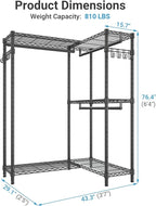 VIPEK L4 Garment Rack L Shaped Clothes Rack for Corner, Freestanding Portable Wardrobe Closet Heavy Duty Clothing Rack with 3 Hanging Rods & 2 Side Hooks, 43.3"Lx29.1"Wx76.4"H, Max Load 810LBS, Black