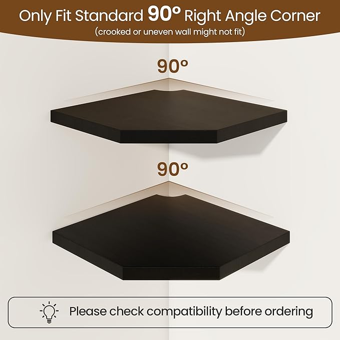 Fun Memories Corner Shelf Wall Mount, Solid Oak Wood Floating Corner Shelves with Cable Hole, 10in Rustic Design for Bedroom, Bathroom, Kitchen, Living Room (Black, 1 Pack)