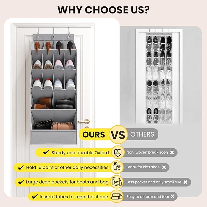 15 Pockets Over the Door Shoe Organizer, Shoe Rack for Closet Door with Large Breathable Pockets, Hanging Shoes Rack for Boots Size, Behind the Door Organizer Shoe Holder for Flexible Storage, Grey ﻿
