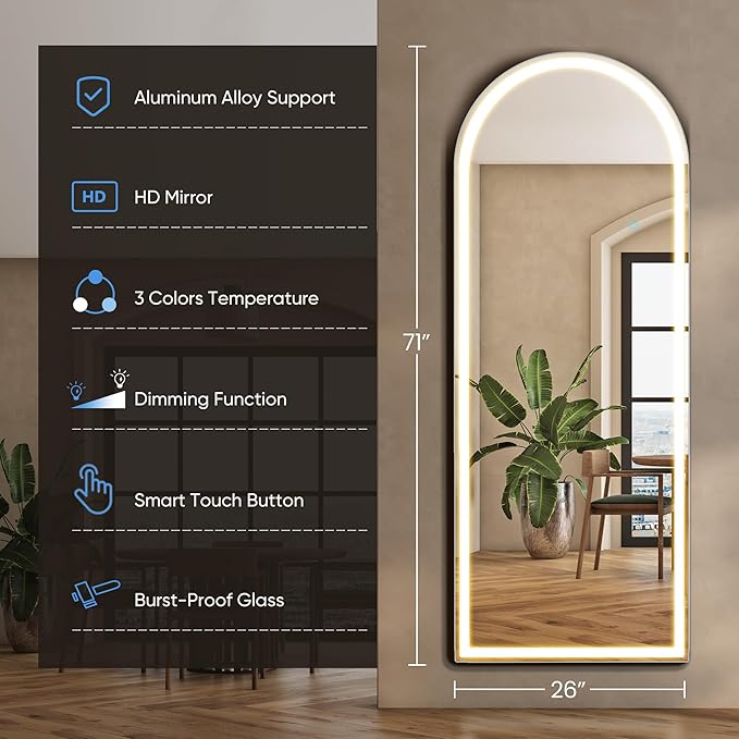 DUMOS Arched LED Full Length Floor Mirror, 26"x70" Full Body Standing Mirror with Lights, 3 Color Lighting, Hanging or Leaning, Wall Mounted, Modern Simple Home Wall Decor, White