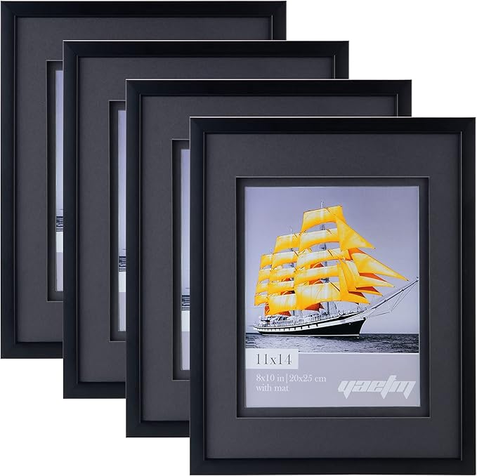Yaetm 11x14 Double Floating Mat Picture Frame Set of 4, Display Picture 8x10 with Black Double Mat, Polished High Definition Tempered Glass, Wall Mounting Photo Frames, Black/Black