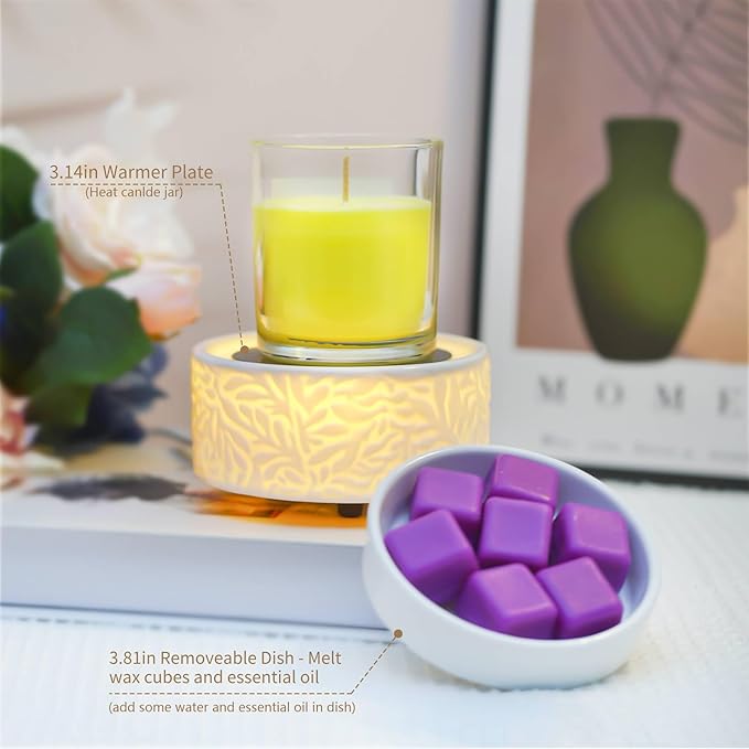Electric Wax Melt Warmer with Warm Light, 3-in-1 Ceramic Candle Warmer Large Dish Scented Wax Melter Essential Oil Burner for Home Aromatherapy, White