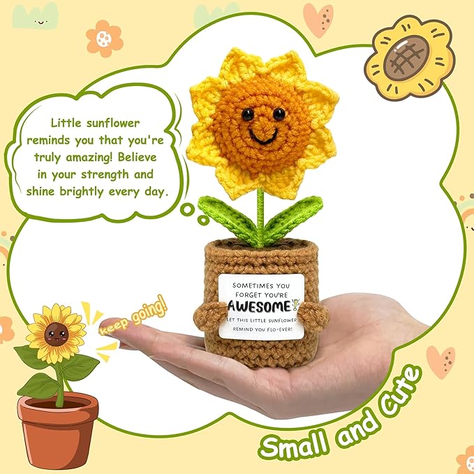 Positive Sunflower Graduation Gifts for Women Men Teens - Handmade Positive Crochet Animals, Stuffers for Mom Teacher Best Friend Bestie Sister, Cute Stocking Stuffers for Her Him