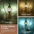 Yarra-Decor Turkish Moroccan Lamp with Bronze Base 3-Way Color Changing Handmade Swan Neck Tiffany Mosaic Glass Bedside Lamps for Bedroom (LED Bulb Included) (Colorful4)
