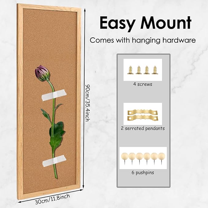 TORASO Cork Board Bulletin Board, Corkboard for Walls with Rustic Brown Frame, Large Wall Mounted Cork Board with Installation Kit,11.8" x 35.4" Pin Tackboard for Home,Office, School (RMB-RB-3090)