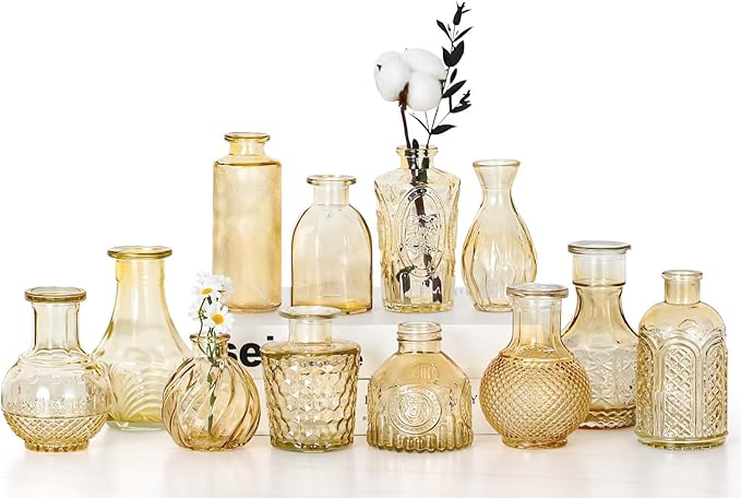 Mini Bud Vases As Wedding Centerpieces for Tables,Clear Bud Vases for Flowers,Small Flower Vases Suitable for Birthday Party,Anniversary,Wedding Reception,Baby Shower (Gold, 12PCS)