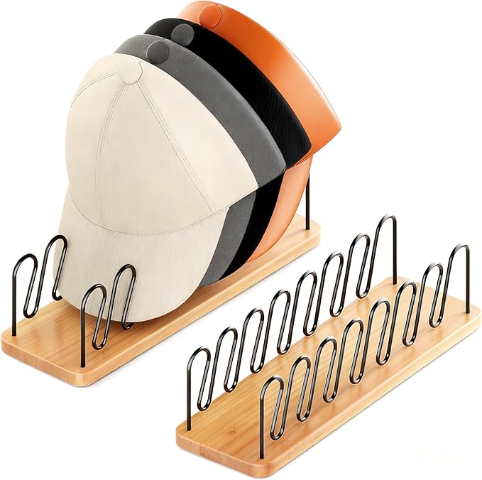 Hat Organizer for Baseball Caps-2 PacK | Wood & Metal Hat Rack Holds 14 for Baseball Caps | Space-Saving Closet Shelf Organizer for Bedroom, Dresser, Entryway