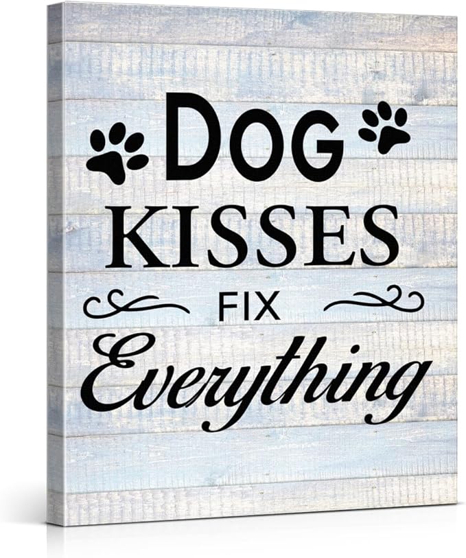 Funny Farmhouse Dog Canvas Wall Art Decor Dog Kisses Fix Everything Rustic Sign Painting Plaque Vintage Animal Pictures Print Home Decoration (11.5 X 15 Inches, Framed)