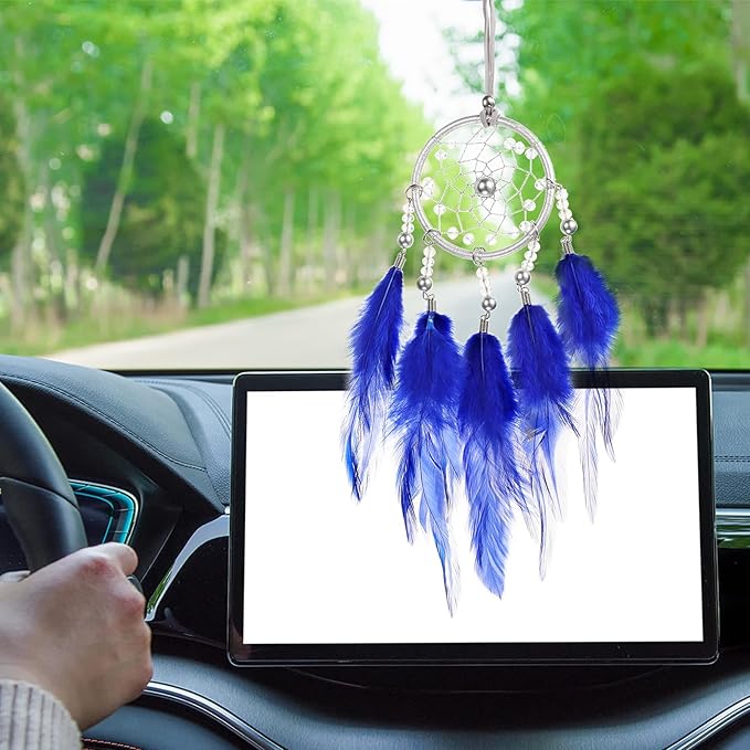 uxcell 2pcs Dream Catchers, Small Handmade Feather Dreamcatcher Supplies Car Charm with Crystal Beads Wall Hanging Decor for Home Car Decoration Ornament Women Friend Gift, Dark Blue