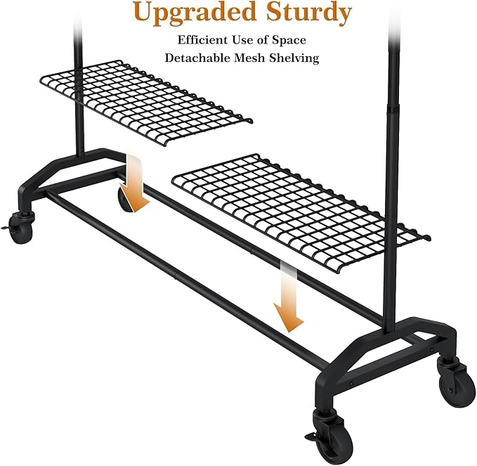 Heavy Duty Clothes Rack for Hanging Clothes 350lbs Clothing Rack 3" industrial Wheels 51 to 71" W x 16.53" D x 65" to 71" H Adjustable Rolling Clothes Rack Coat Rack Garment Rack Black
