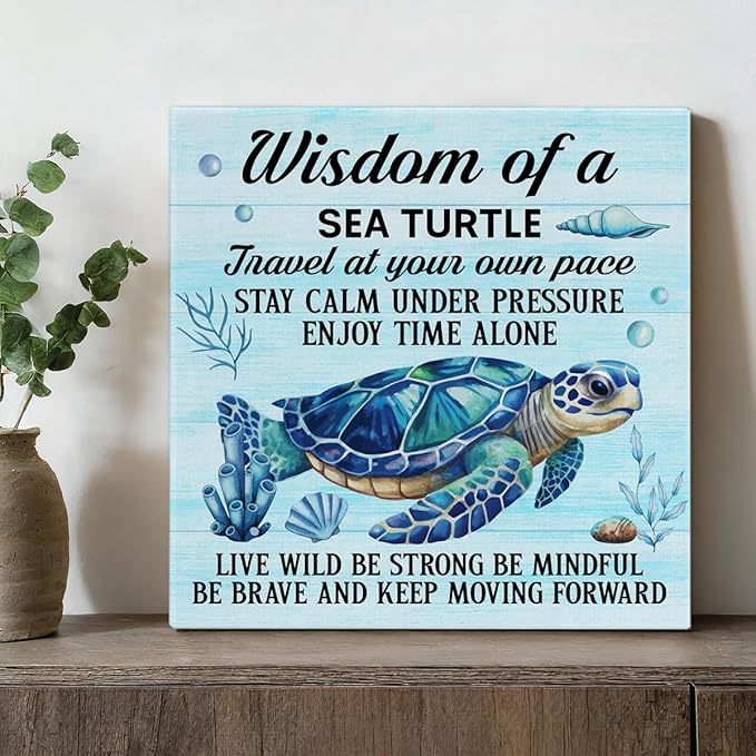 Sea Turtle Wall Art Decor Inspirational Wall Decor Posters Beach Themed Decoration for Bathroom Bedroom Living Room Home Office, Sea Turtle Gifts for Turtles Lovers (8 X 8 Inches, Framed)