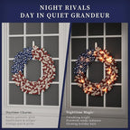Patriotic Wreath 18 Inch American Flag Wreath for Front Door, Burlap Red White and Blue Decor with Stars Stripes and Timer-Equipped Light Strip for 4th of July Memorial Day Veterans Day