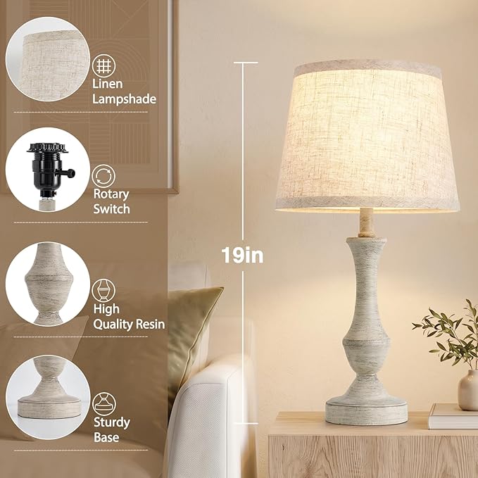 Luvkczc Table Lamp Set of 2, 19" Cottage Core Resin Bedside Lamps Nightstand Lamp for Living Room & Bedroom, Linen Shade Desk Lamps Office, Study(Bulb not Included)