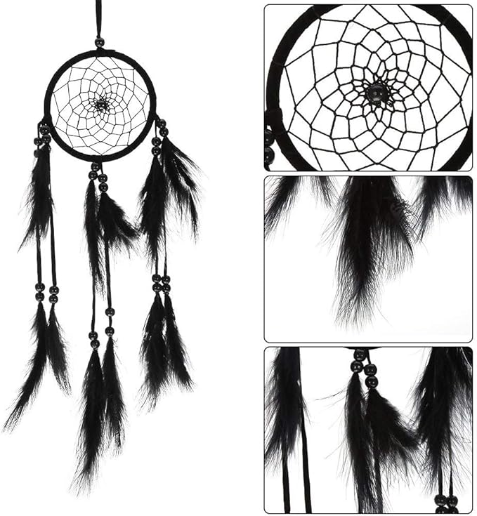 Native Indian Dream Catcher, Colorful/White/Black Dream Catcher with Feathers and Bead for Car Kids Bedroom Wall Hanging Decoration Ornament (Black)