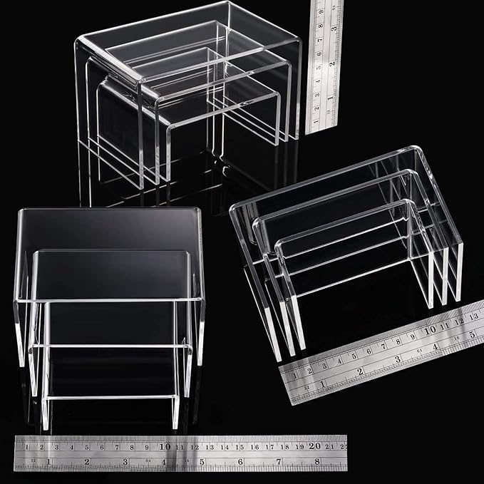 Chuangdi 2 Sets Acrylic Display Risers, Product Stand, Jewelry Display Riser Shelf Showcase Fixtures for Dessert Cupcake Candy Figure Treat Action Showcase(Clear,Small Set)