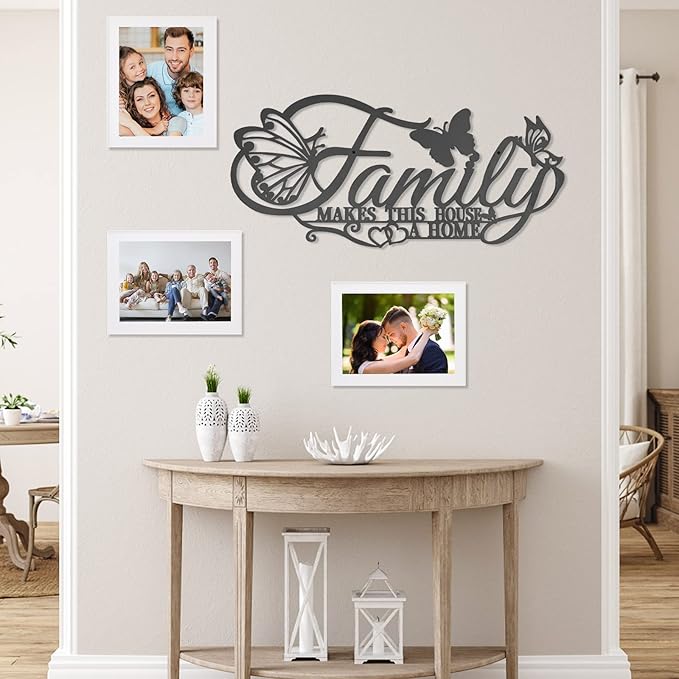 Family Metal Word Sign Wall Art Decor, Family Makes This House A Home Heart Butterflies Wall Hanging Sculpture, Silvery Iron Letters Quotes Home Decor for Living Room Kitchen (Black-B)