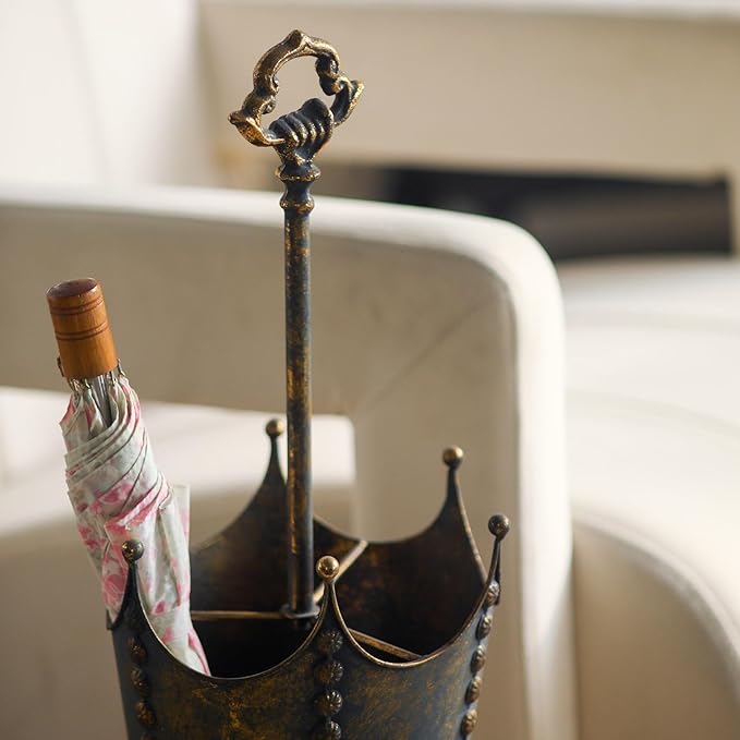 Vintage Metal Umbrella Stand, Antique Crown-Shaped Top, 30.7 Inch Tall, Decorative Rustic Farmhouse Freestanding Entryway, Hallway & Office