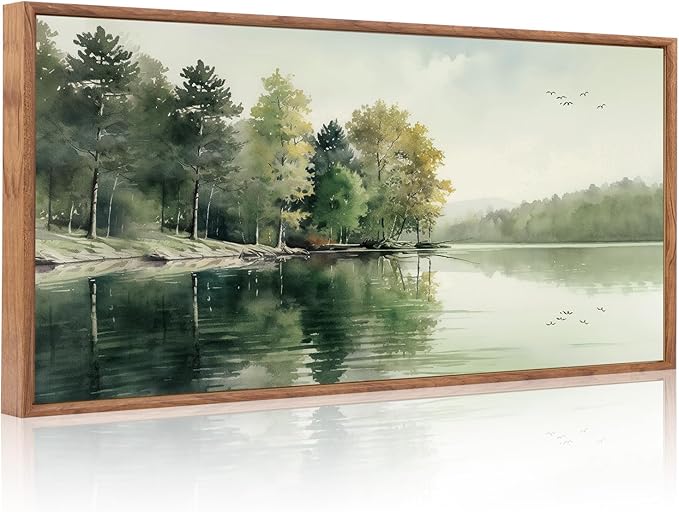 KAIRNE Framed Nature Canvas Wall Art Set,Misty Forest Wall Decor,Green Mountain Forest Pictures,Lake Water Painting set of 1(20”x40”),Landscape Scene Print for Living Room, Bedroom,Gallery Decor
