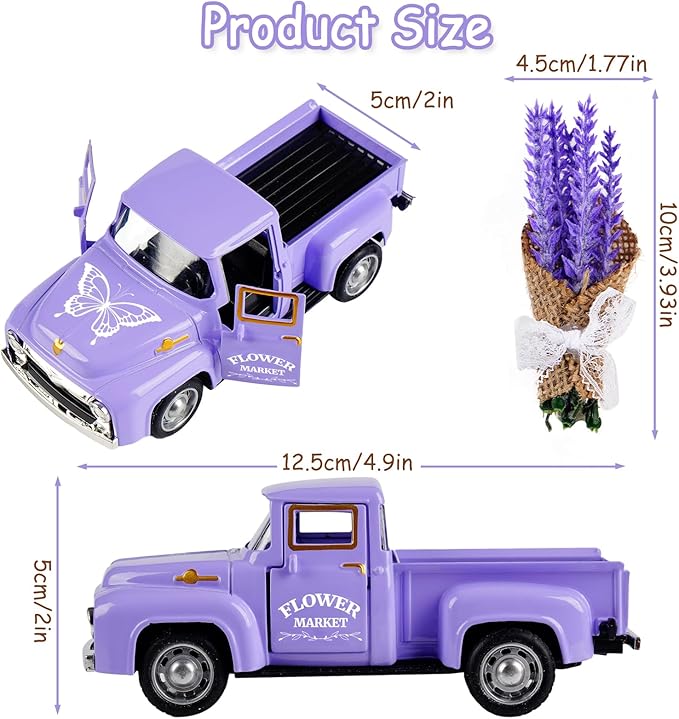 Lavender Truck Decor with Flowers, Purple Floral Pickup Truck with Butterfly, Rustic Farmhouse Tabletop Centerpiece, Spring Country Home Office Kitchen Tiered Tray Decor