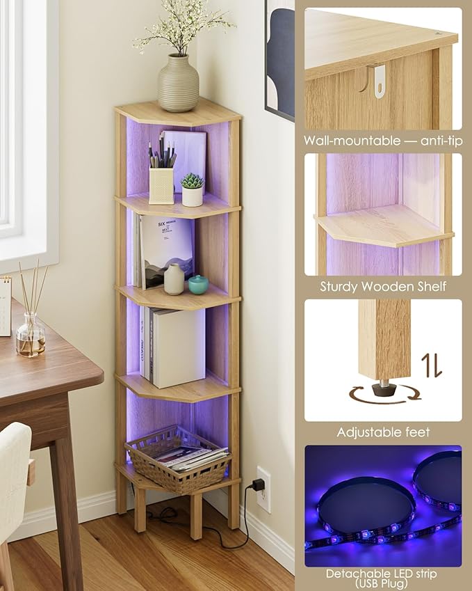 Corner Shelf Stand, 5 Tier Corner Bookshelf with Light,Corner Furniture for Bedroom Display Corner Shelf for Small Space,Wood Shelves with Storage Rack for Living Room,Office,Oak