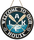 Lake Life Welcome to Our House Front Door Sign, Lakehouse Paddle Family Wood Hanger Outdoor Outside Porch Home Decor, Nautical Anchor Farmhouse Wooden Wreath Indoor Wall Hanging Decoration