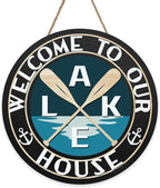 Lake Life Welcome to Our House Front Door Sign, Lakehouse Paddle Family Wood Hanger Outdoor Outside Porch Home Decor, Nautical Anchor Farmhouse Wooden Wreath Indoor Wall Hanging Decoration