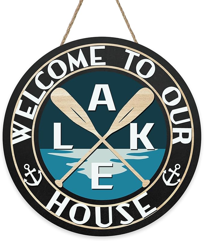 Lake Life Welcome to Our House Front Door Sign, Lakehouse Paddle Family Wood Hanger Outdoor Outside Porch Home Decor, Nautical Anchor Farmhouse Wooden Wreath Indoor Wall Hanging Decoration
