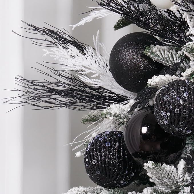 SLK 16-Pack Artificial Glitter Berry Stem Ornaments, Christmas and Halloween Decorative Glittery Twigs, Picks, Branches for Tree, Wreath, Small Vase, Halloween Party (Black)