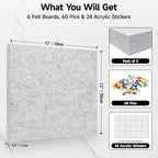 6 Pack Cork Board Felt Bulletin Board with 60 Push Pins, 1/2" Thick Pinboard Square Tiles for Wall Organizer - Home Office Classroom Decor, Photo Display, Memo Board (11.8"x11.8"- Light Grey)