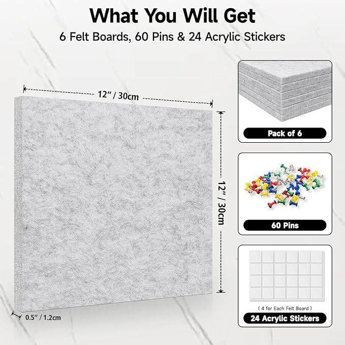6 Pack Cork Board Felt Bulletin Board with 60 Push Pins, 1/2" Thick Pinboard Square Tiles for Wall Organizer - Home Office Classroom Decor, Photo Display, Memo Board (11.8"x11.8"- Light Grey)